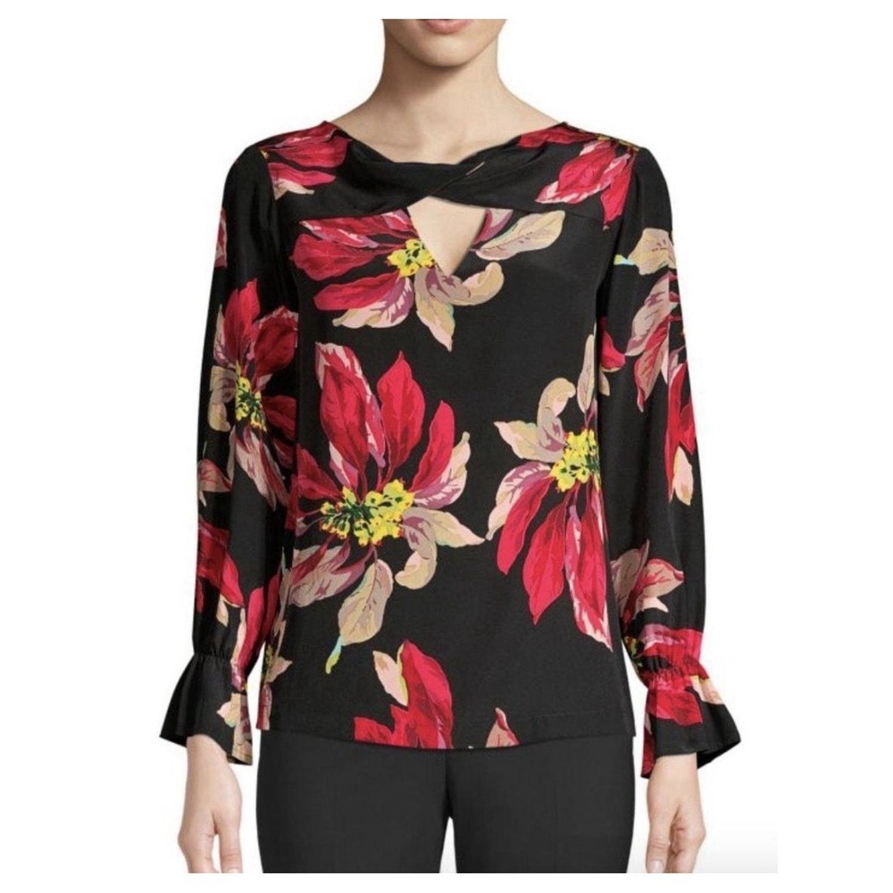Trina Turk‎ Ayako Blouse Floral Print Top 100% Silk Medium Hawaii Tropical #C1-2
